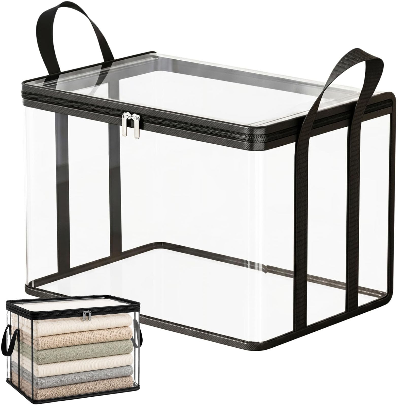 Large Heavy Duty Thick Plastic Clear Storage Box with Hinged Lid, Zipper Closure, Reinforced Handles, Waterproof Stackable Organizer Tote for Camping, Moving, Dorm, Closet and Home (Black A,3 Pcs)