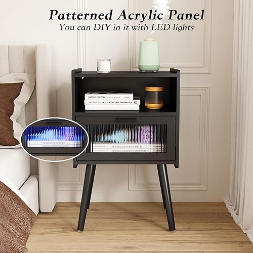 Miniatura 44 de Mesita de noche moderna de mediados de siglo con estación de carga, mesitas de noche con puerta de cristal, mesa auxiliar con espacio de Gris