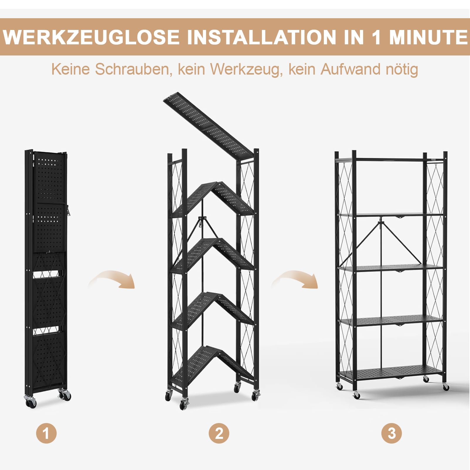 Regal mit Rollen Klappregal 5 Ablagen (Schwarz, 162 x 71 x 35 cm)
