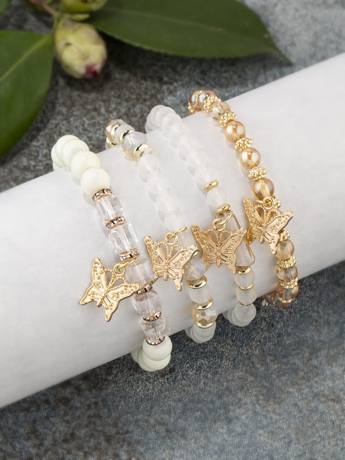 4Pcs Set Bohemian Butterfly Crystal Stone Stretch Pendant Bracelets for Women Gold Beaded Stackable Stretch Bracelet Colorful Charm Jewelry Summer Beach - Image 3