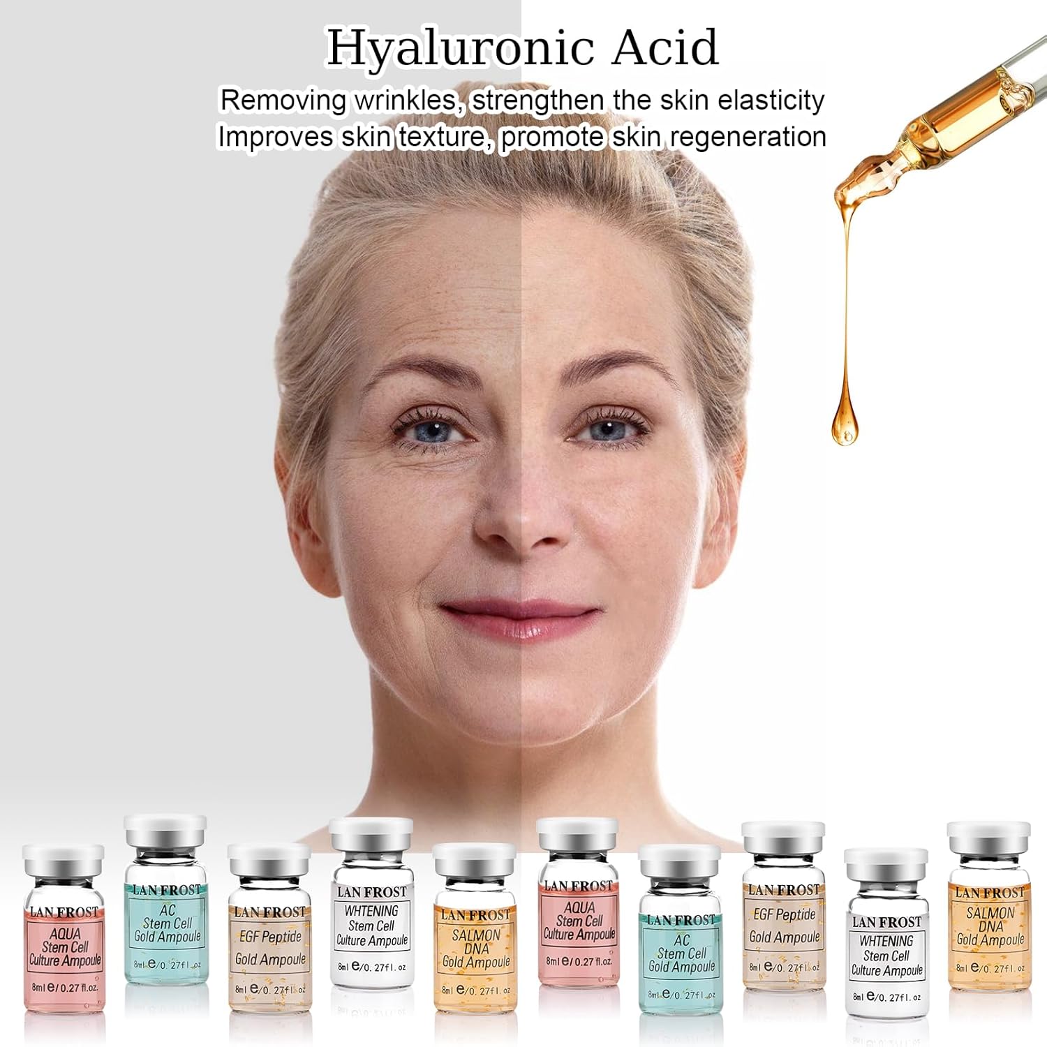 Hyaluronic Acid Essence for Skin Care, Improves Skin Radiance Hydrating Skin-Firming Anti-Aging, 0.27oz 12 Vials