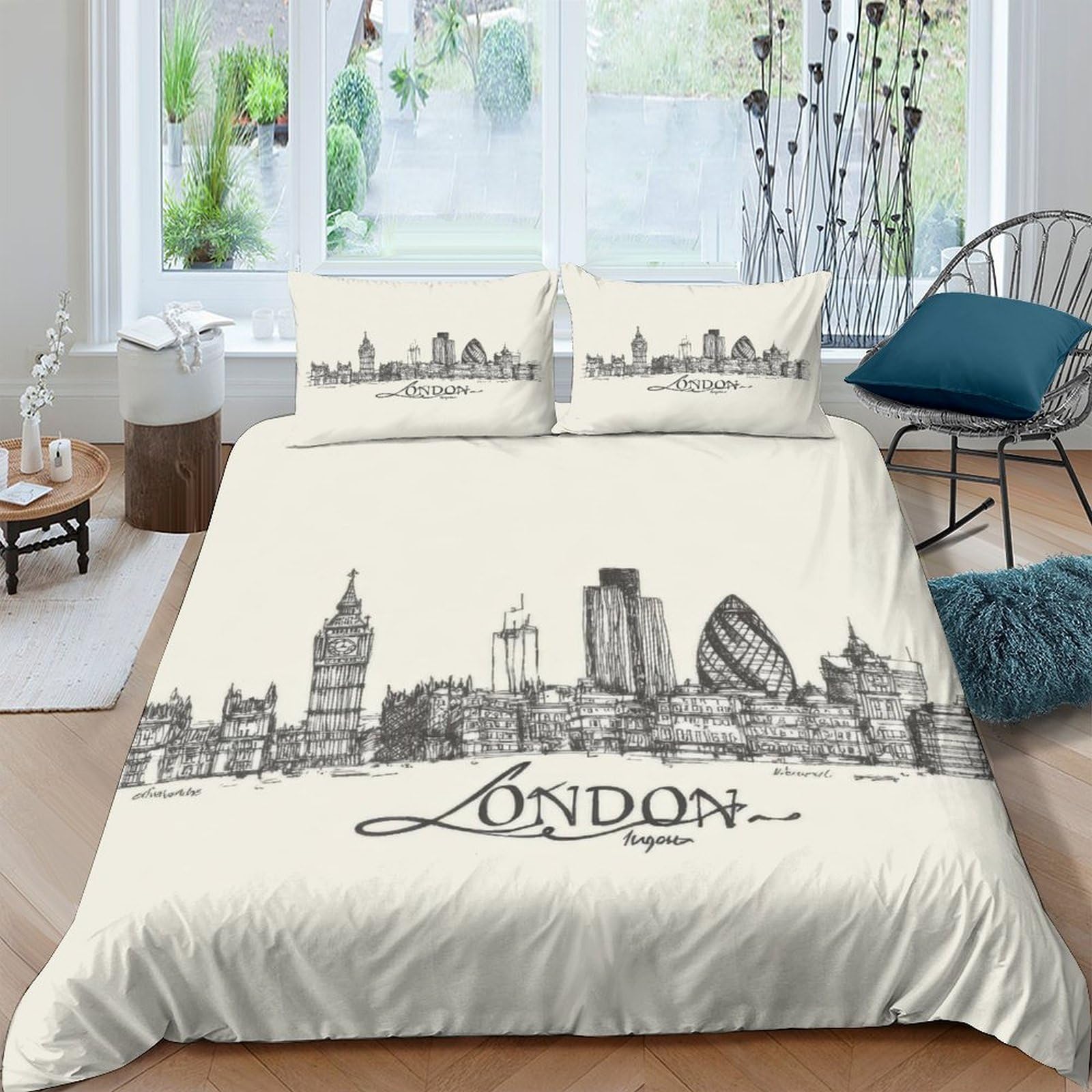 Ctjqhvkz Style-5 3D Printed London Skyline Fitted Sheet Microfiber Soft Urban Architecture Bed Cover For Bedroom Guest Room Decor Single（135X200cm）