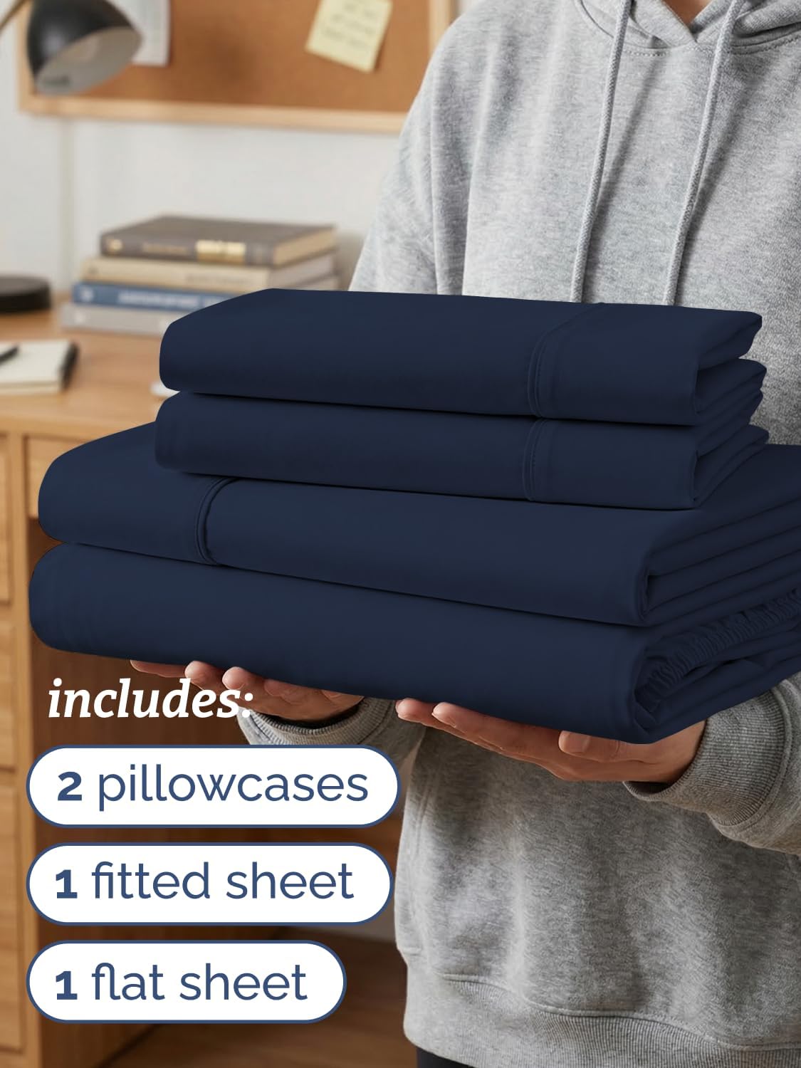Twin XL 4 Piece Sheet Set - College Dorm Room Essentials - Navy Blue | Ultra Soft Dorm Bedding Set, 8" to 16" Inch Deep Pockets, 1 Flat & 1 Fitted Sheet & 2 Pillowcases, Wrinkle & Fade Free thumbnail