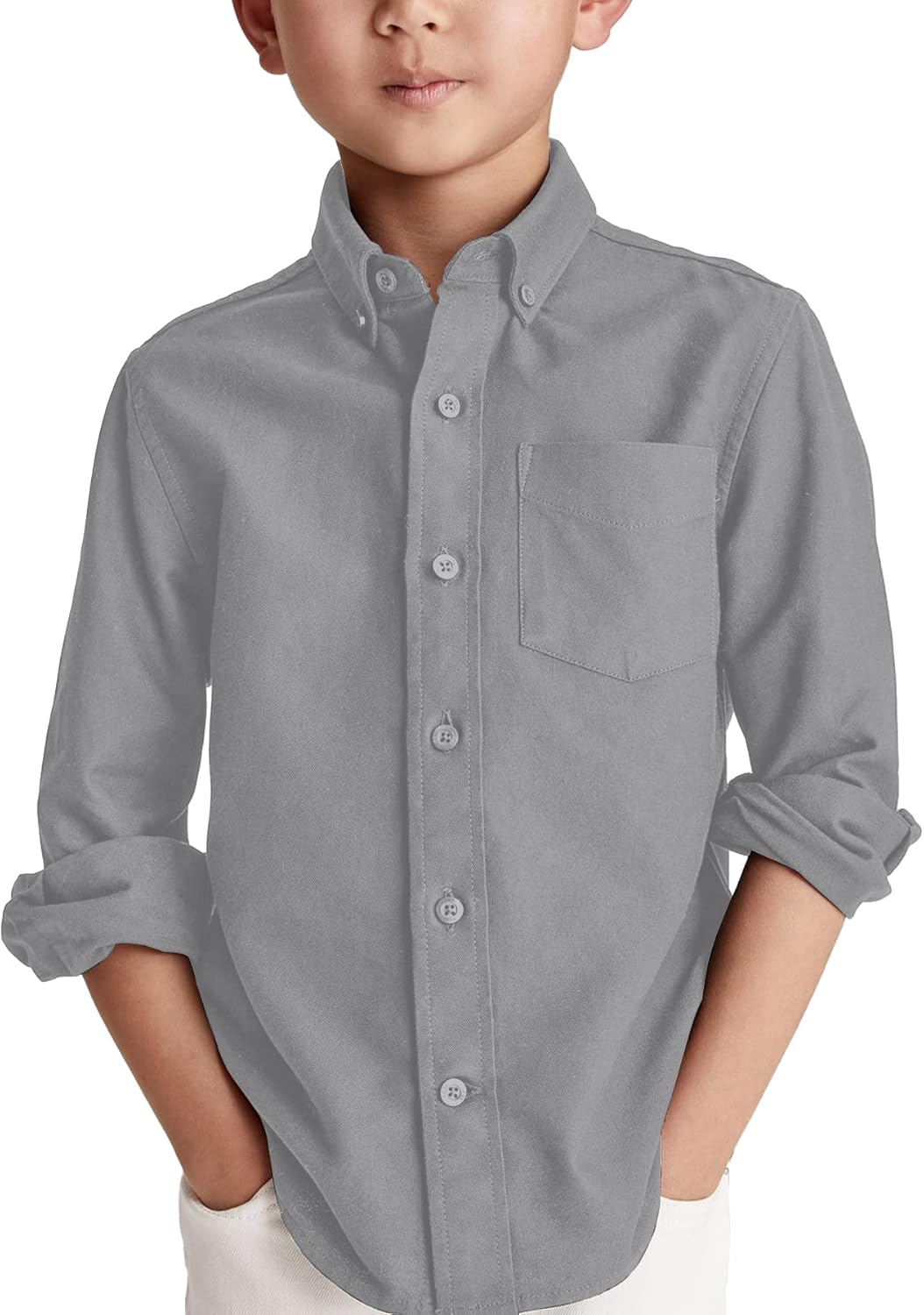 Overhemd met lange mouwen voor jongens, katoen, casual hemd, kinderen, effen shirt, bovendeel met borstzak, bruin, 4-6 Jaar