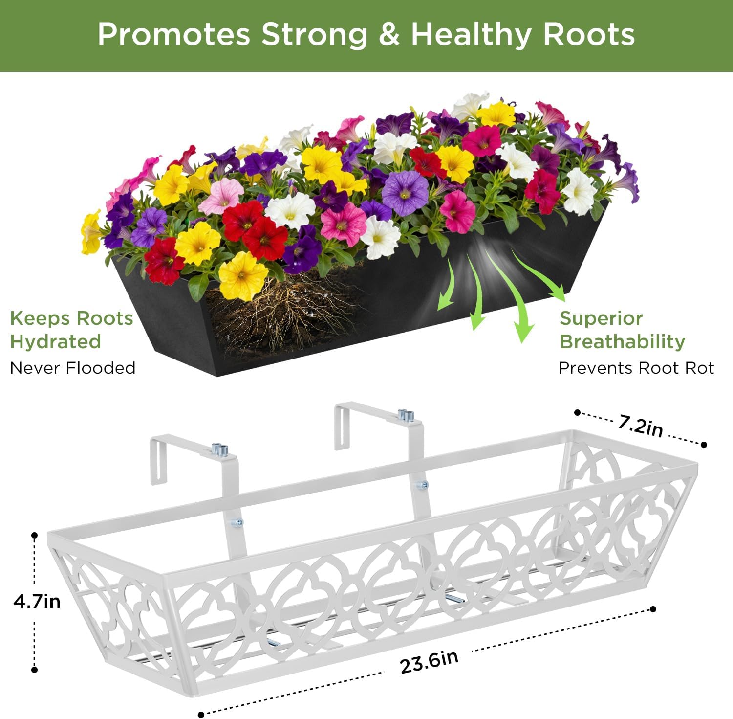 Y&M 2Pcs 24'' Railing Planter Box Set with Black Non-Woven Fabric Liner, Flower Boxes with Adjustable Brackets, Large Metal Hanging Window Boxes for Fence, Deck, Balcony, and Garden
