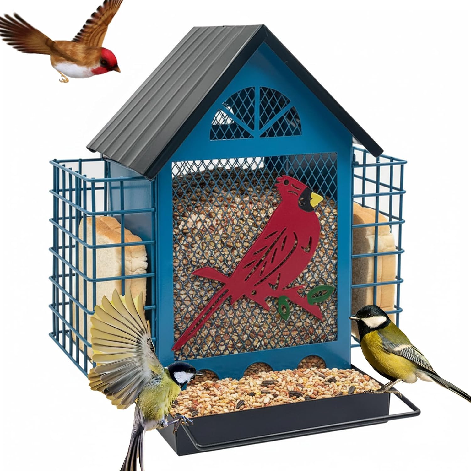 Squirrel-Proof Seeds Tray Cage with Double Suet Multi-Layer Metal Birdhouse Refillable Wrought Iron Openwork Feeder for Backyard Tree Garden Decor