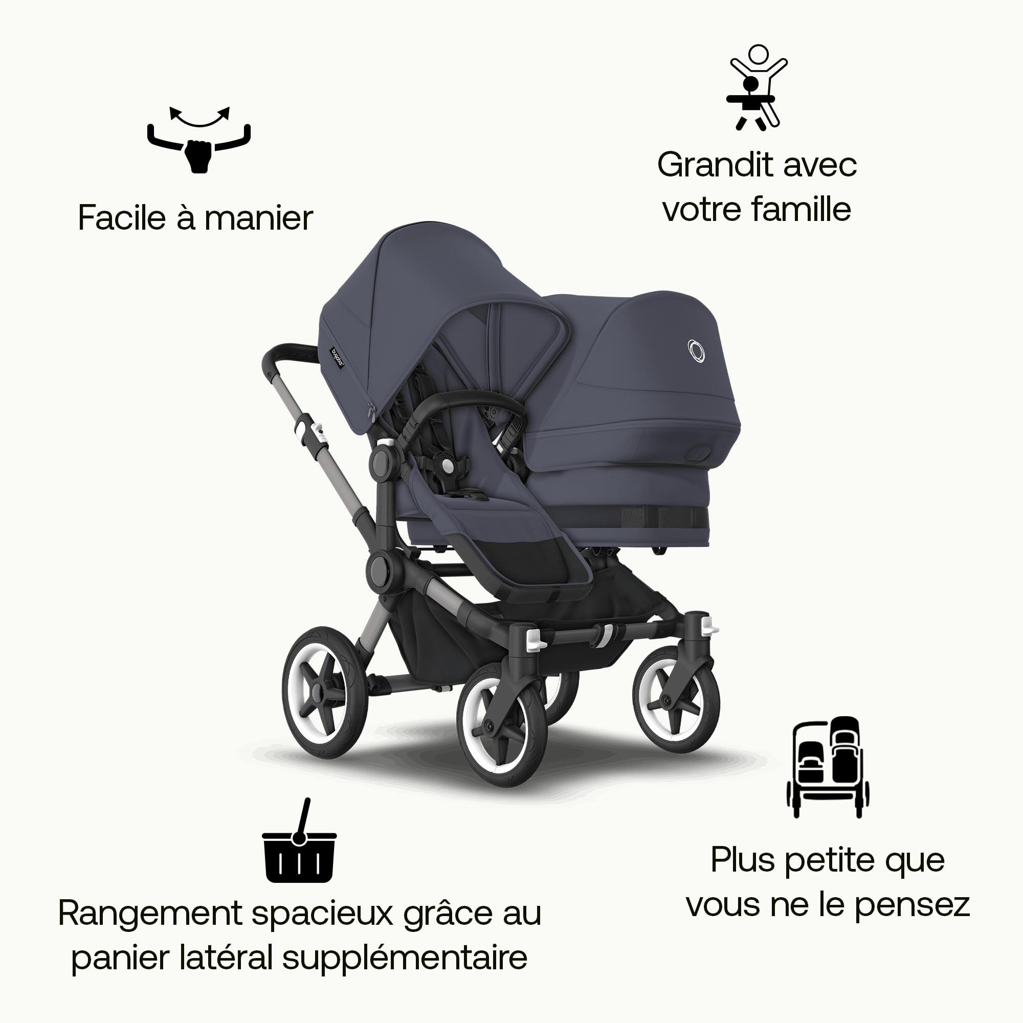 Bugaboo Donkey 5 Duo, Kit d'extension complet, Côte à Côte, Design amélioré, siège réversible, direction à une main et rangement extensible, Bleu tonerre