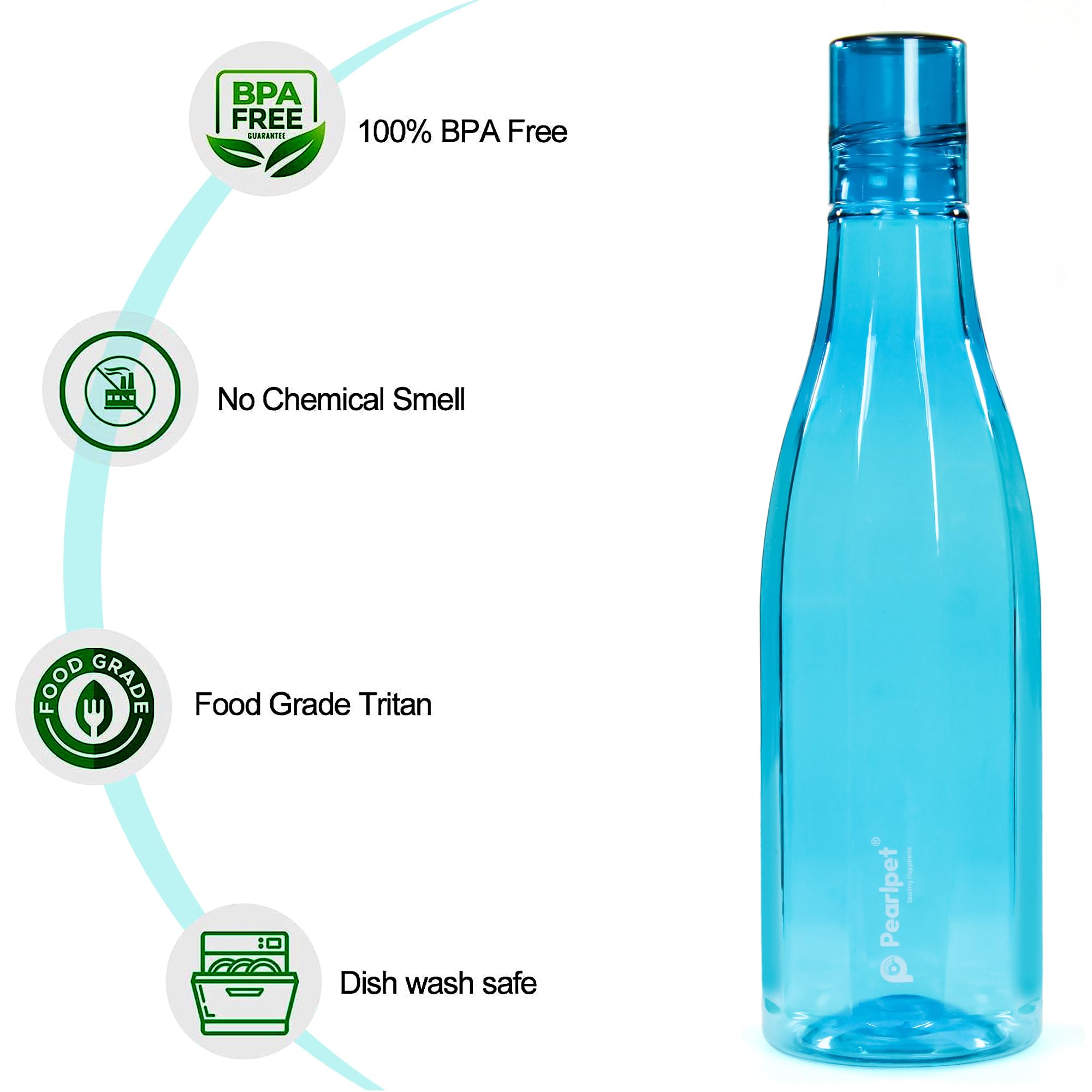 PEARLPET Azzure Wasserflasche für Zuhause, auslaufsichere Flaschen für den Kühlschrank, BPA-frei, lebensmittelecht, Kunststoff, 6 Stück, je 1000 ml, Blau