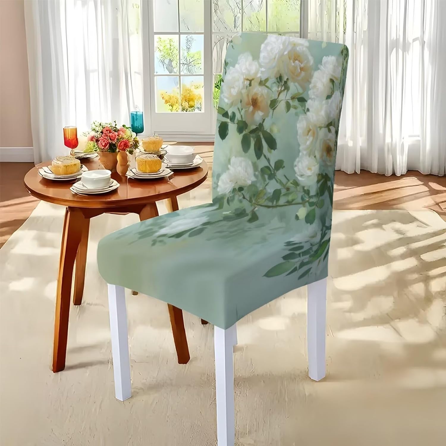 Rectangle Table Cloth and Dining Chair Covers Set of 7, Scratch-Resistant Dining Chair Slipcovers Dust Proof Soft Table Cover Machine Washable Home Decor, Elegant Flower Print Green