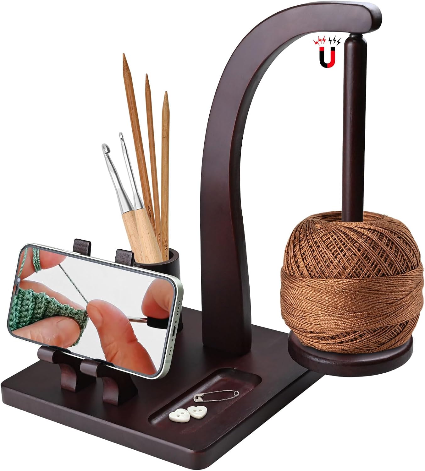 Magnetic Yarn Holder for Knitting and Crocheting, Wooden Yarn Spool Rack with Phone Stand and Crochet Accessories Storage, Anti-Slip Pads, Yarn Ball Holder Spinner for Crocheters Knitting Lovers