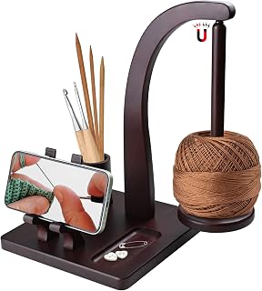 Magnetic Yarn Holder for Knitting and Crocheting, Wooden Yarn Spool Rack with Phone Stand and Crochet Accessories Storage, Anti-Slip Pads, Yarn Ball Holder Spinner for Crocheters Knitting Lovers