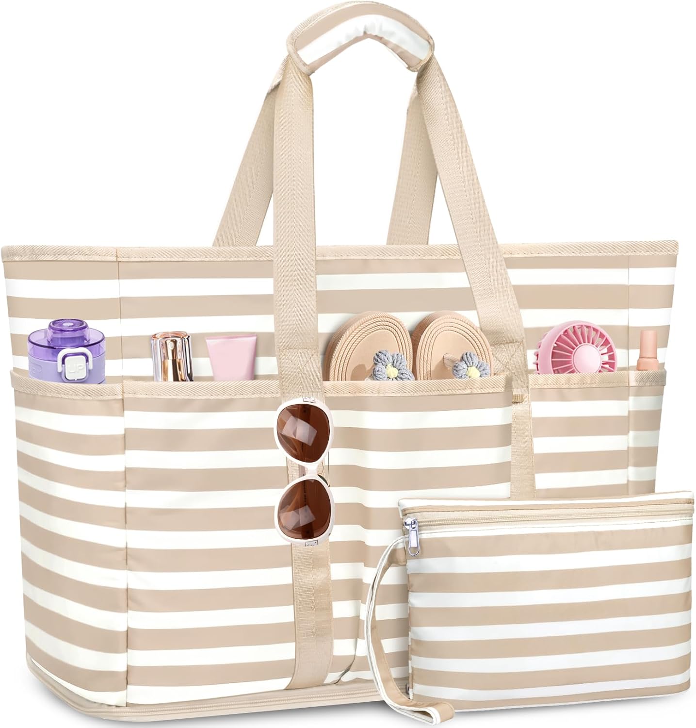 Large Beach Bag with Zipper, 12 Pockets Waterproof Sandproof Pool Bag Womens Mesh Beach Tote Bag for Travel Vacation