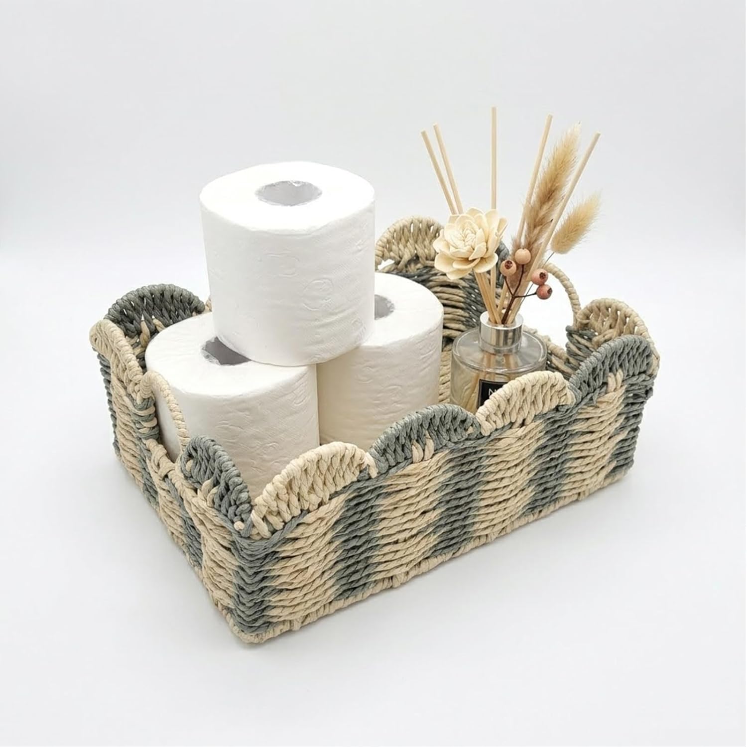 Handmade Paper Rope Basket,Toilet Paper Storage Basket Decor for Shelf,Living Room,Table,Bedside,Pet Organizing,Square Boho Decor Bin,Color Blocking Handwoven Decorative Storage Basket,Middle
