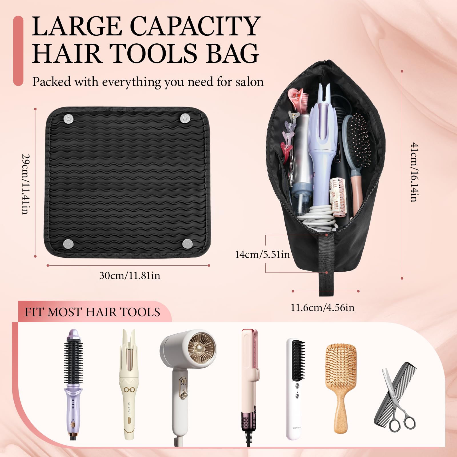 Dadanism Hairdressing Tool Kit, Hair Tools Travel Bag mit abnehmbarer hitzebeständiger Matte für Lockenstab Glätteisen, 2 in 1 Haircare Accessory Organizer, Womens Essentials Travel Organizer, Schwarz