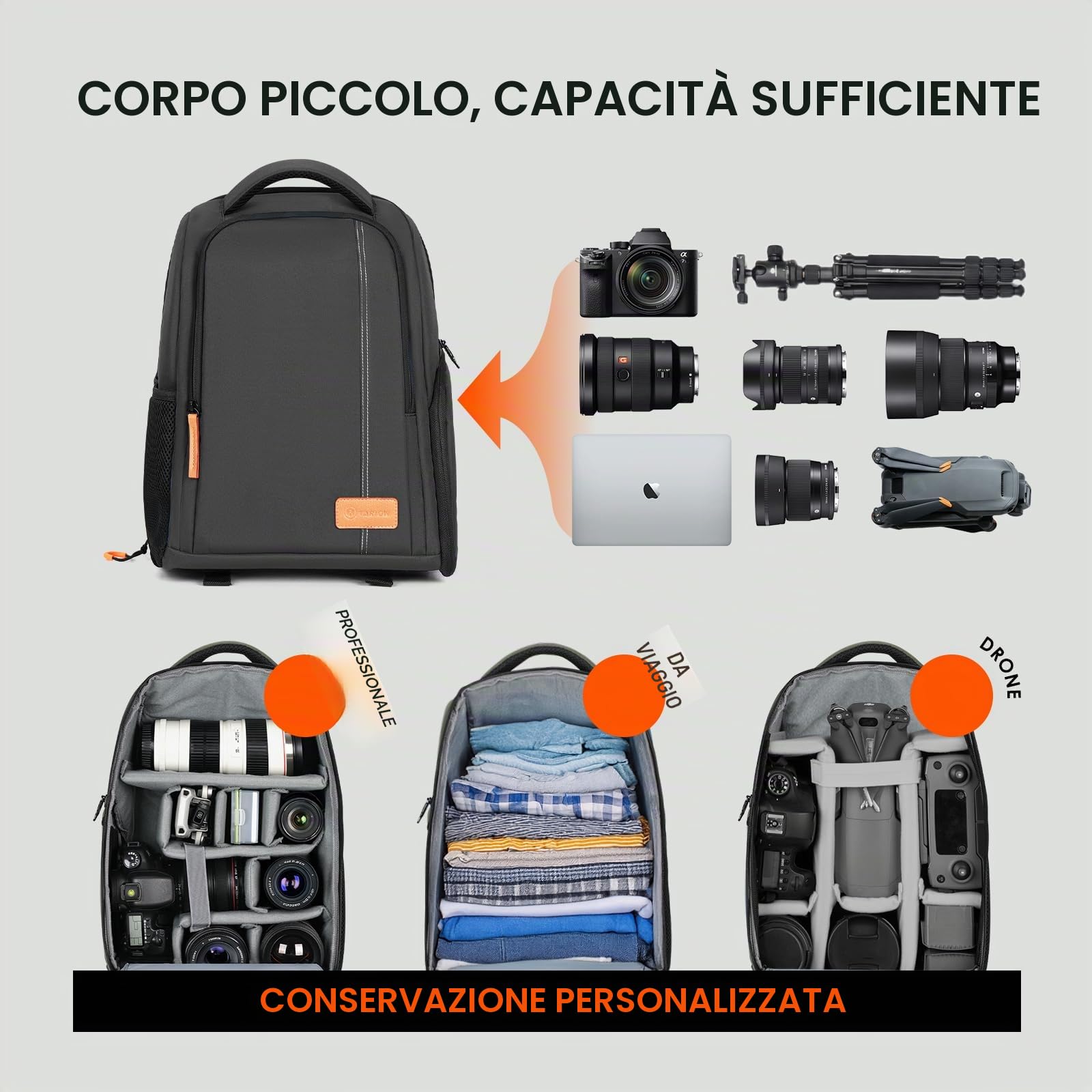 TARION Zaino Fotografico Professionale Borsa per Fotocamera Reflex DSLR con Custodia per Laptop 15" Copertura Antipioggia TB-04