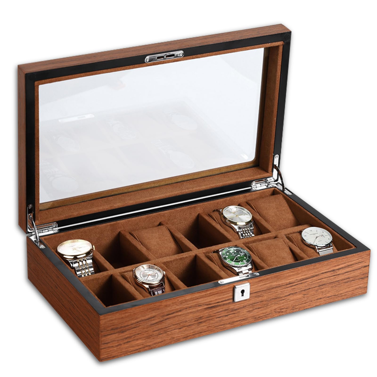 Coffret à montres en bois à 12 emplacements, boîte de rangement pour montres, coffret à montres avec couvercle en verre, coffret à montres avec 12 supports de montres amovibles, présentoir et organi