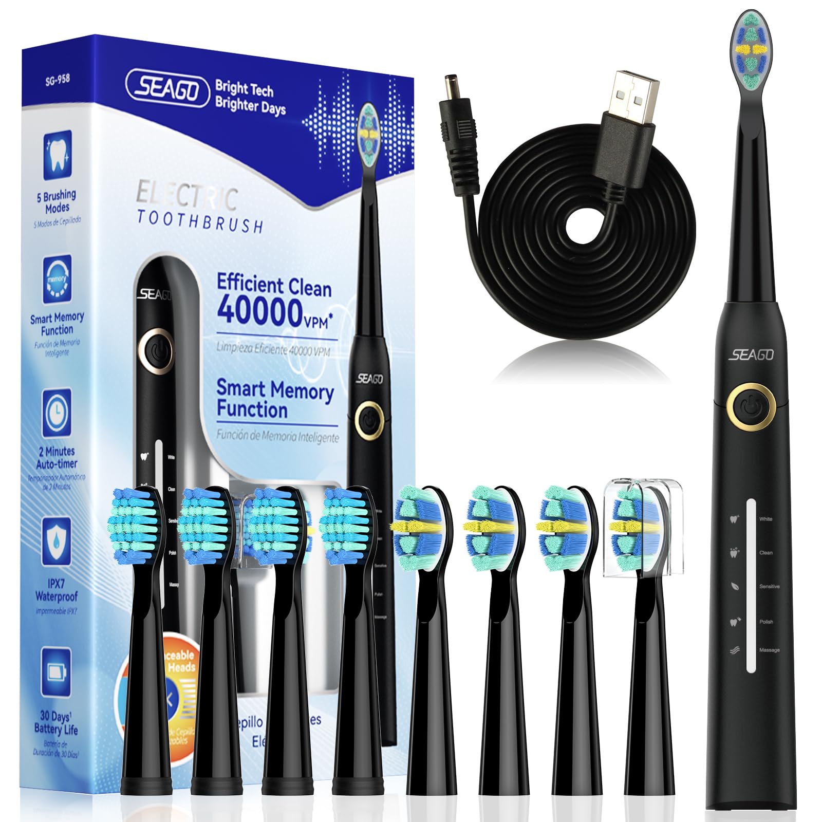 Seago cepillo de dientes eléctrico sónico, cepillo electrico con 8 cabezas, carga USB, cepillo de dientes eléctrico ultrasónicos 5 modos y temporizador, IPX7 Impermeable, para viaja (negro)