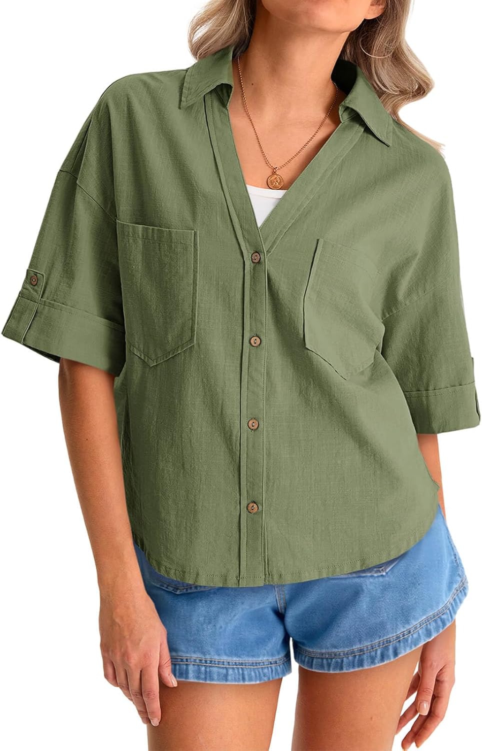 Cicy Bell Womens Short Sleeve Button Down Shirts V Neck Loose Fit Cotton Blouses Casual Summer Tops with Pockets