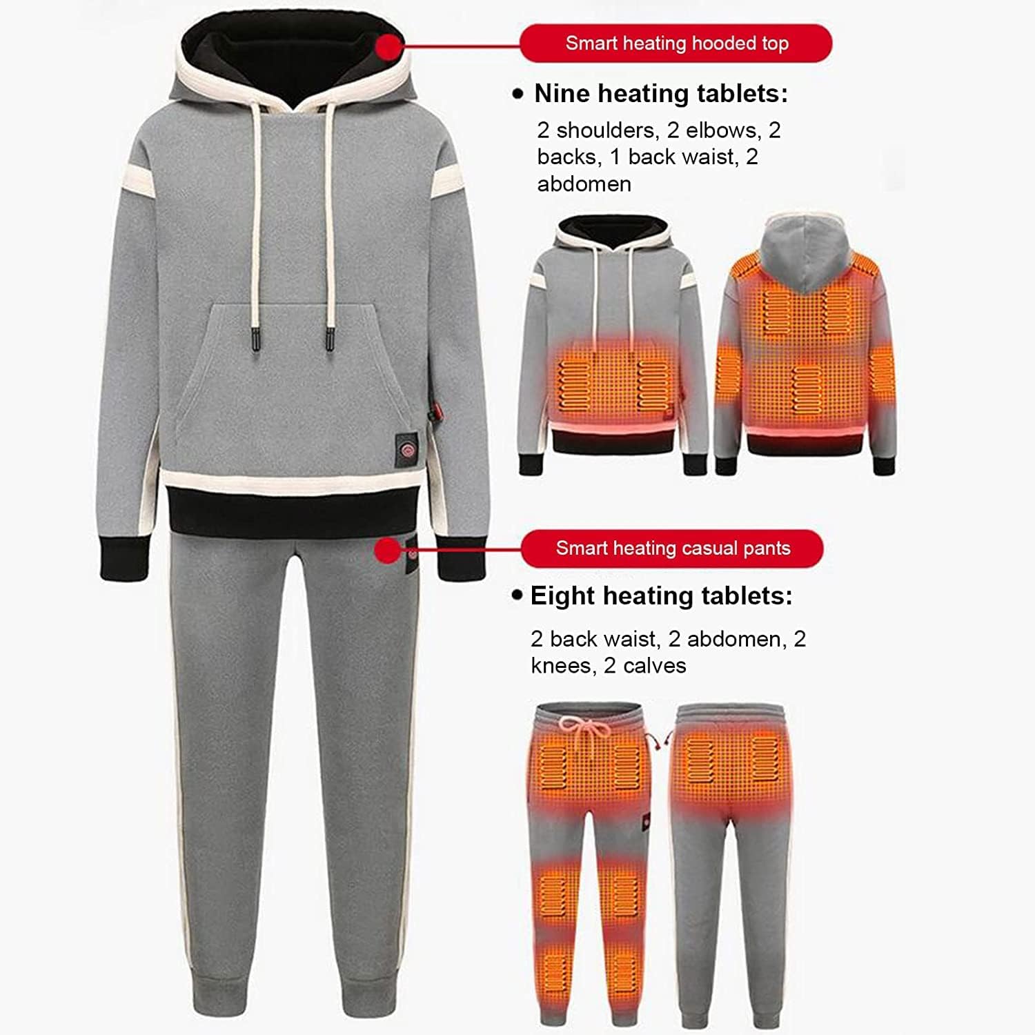 Heated Sweatshirt Suit USB Rechargeable, with 3 Heating Levels, Warm Top + Pants for Sport Skiing Running Hiking