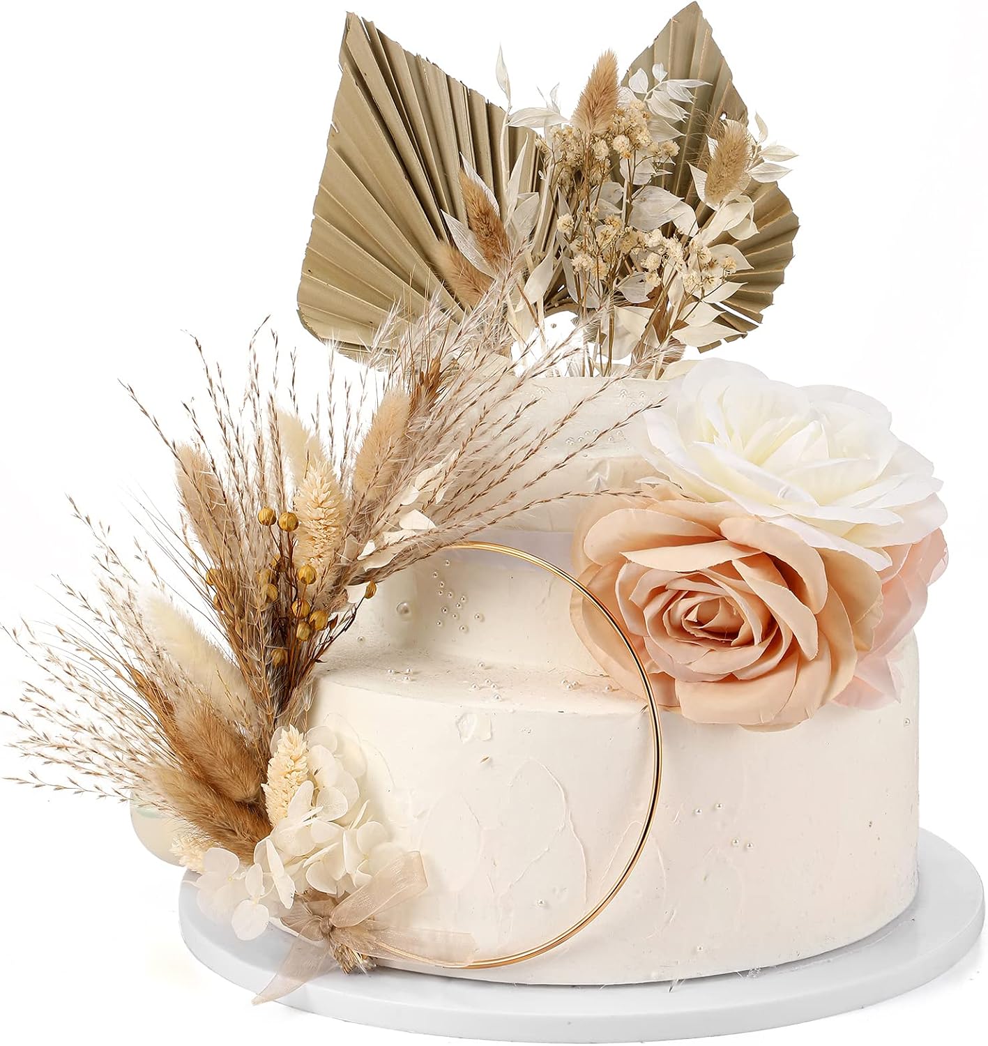 XunYee 31 Pcs Boho Cake Topper Decorations Vintage Dried Pampas Cake Toppers with Wreath Hoop Dried Flower Cake Topper for Bohemian Wedding Bridal Birthday Party Supplies (Beige Series)