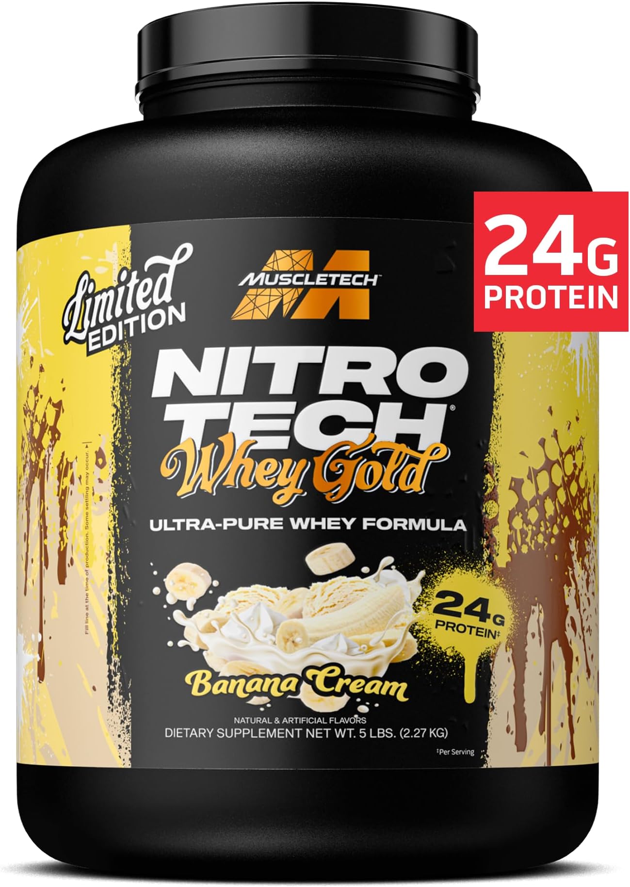 Whey Protein Powder (Banana Cream, 5LB) - Nitro-Tech Whey Protein Isolate Smoothie Mix for Lean Muscle & Fast Recovery - 24g of Whey Gold Protein for Women & Men - Gluten-Free