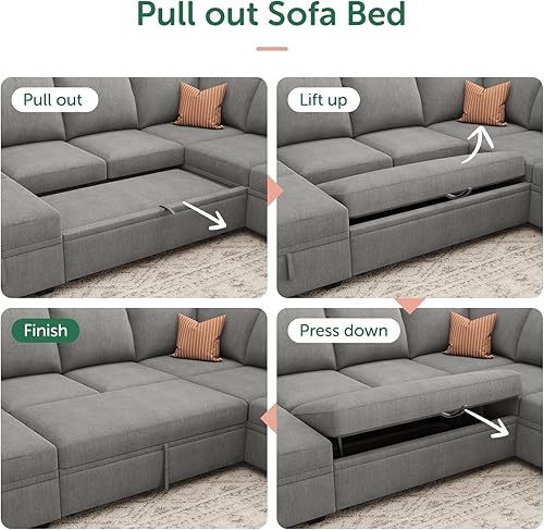 Miniatura 6 de HONBAY Sofá cama modular modular con cama extraíble, sofá en forma de L de felpilla con asientos de almacenamiento, sofás seccionales convertibles