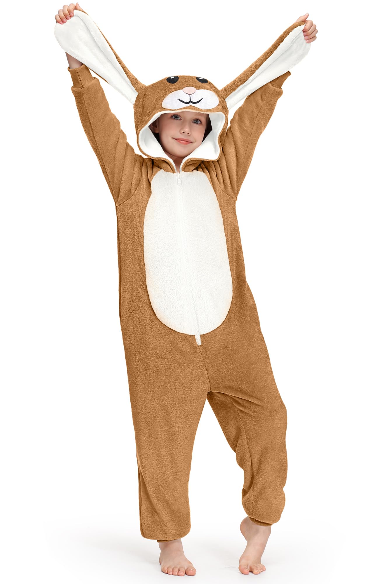 BesserBay Tuta intera unisex per bambini, con cappuccio, per Halloween, coniglietto peloso, 4-14 anni, Marrone | Tuta Coniglio, 8 anni