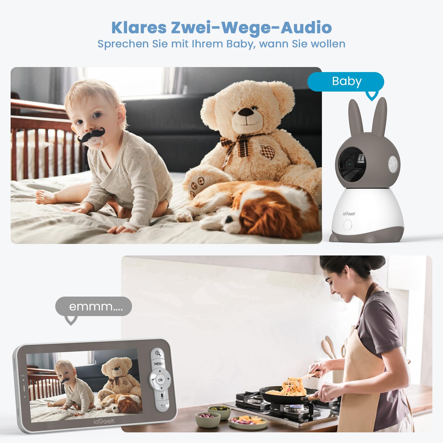 ieGeek Babyphone mit Kamera 2K 3MP, 5 Zoll WLAN Video-Babyfon mit PTZ 360°, Nachtsicht, Bewegungserkennung, App-Steuerung