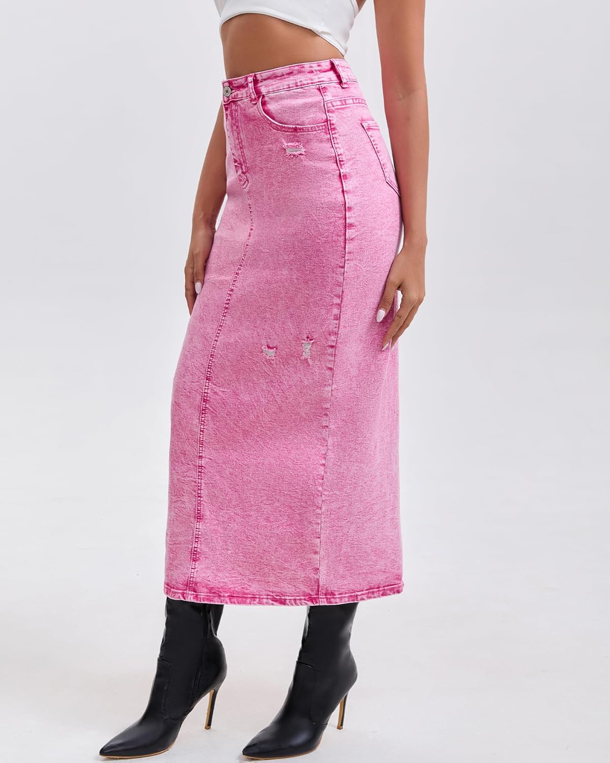 Women's High Waisted Long Denim Skirt with Back Slit Distressed Holes Stretch Whisker Wash - Image 2