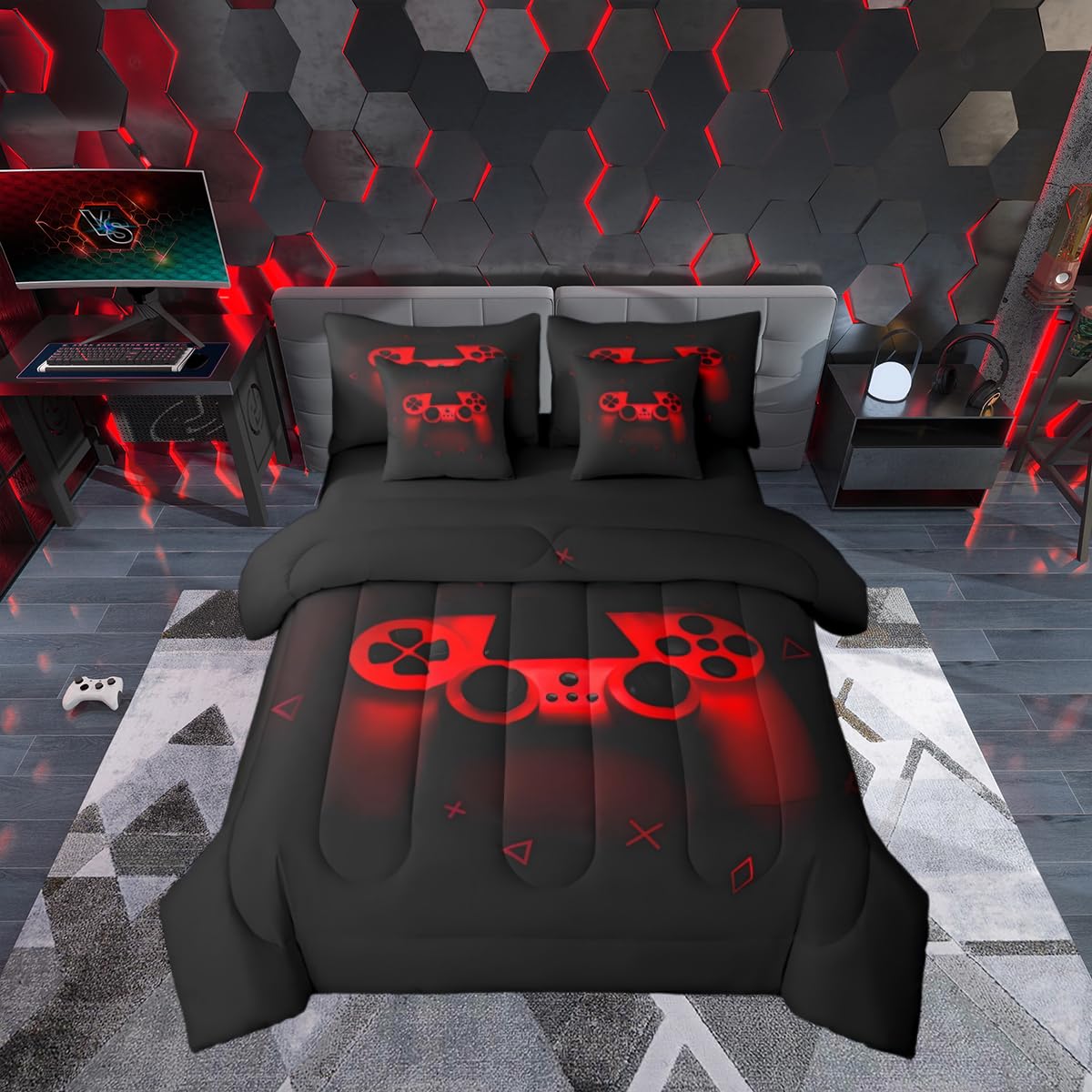 Erosebridal 7 Piece Gaming Comforter Set Full Bed in A Bag for Boys Gamer Bedding Set for Girls Kids Teens Video Game Sheet Set, Red Gamepad Gamer