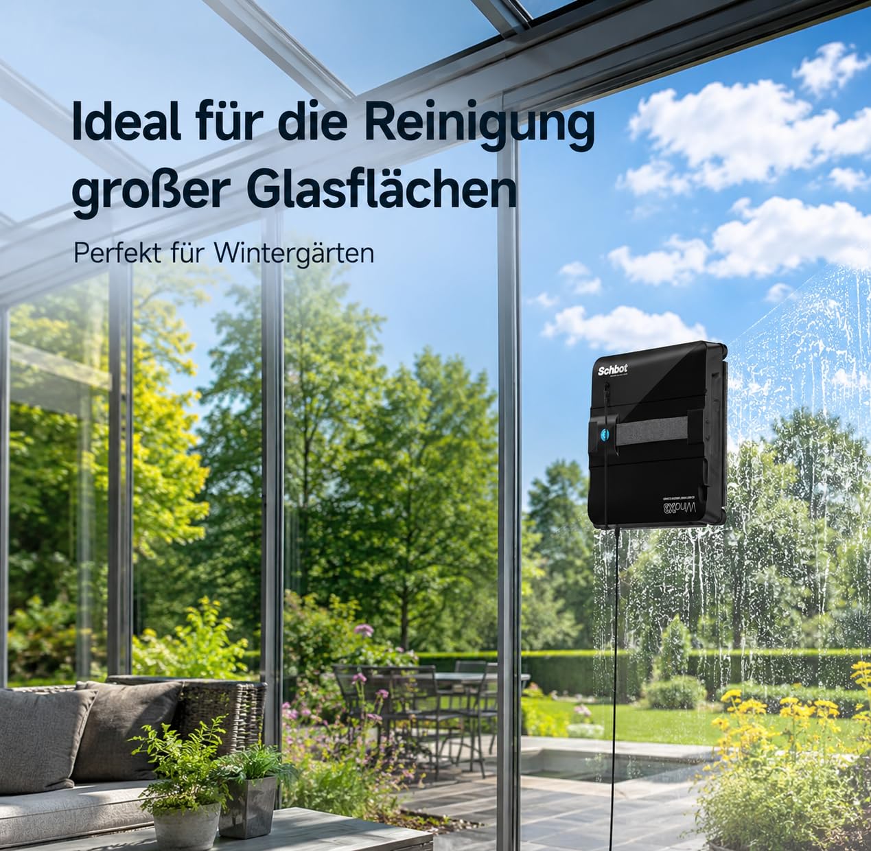 Wind X3 Wintergarten Kit – Fensterputzroboter mit Sprühfunktion für Wintergarten über Kopf, 10 Mikrofaser-Reinigungspads und 6 × 0,4 L Glas- & Fensterreiniger Konzentrat