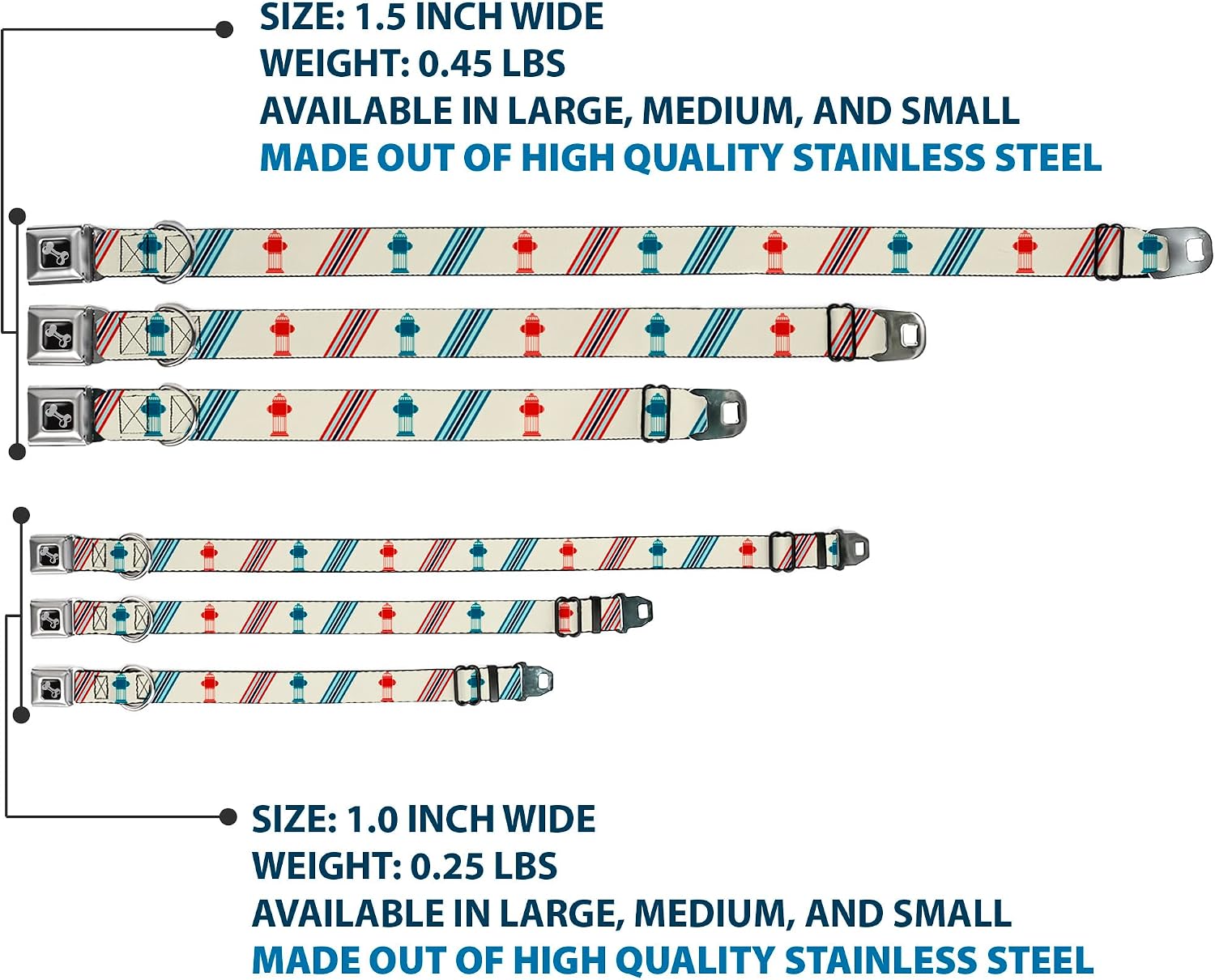 Dog Collar Seatbelt Buckle Fire Hydrants Stripes Tan Blues Reds 15 to 26 Inches 1.0 Inch Wide