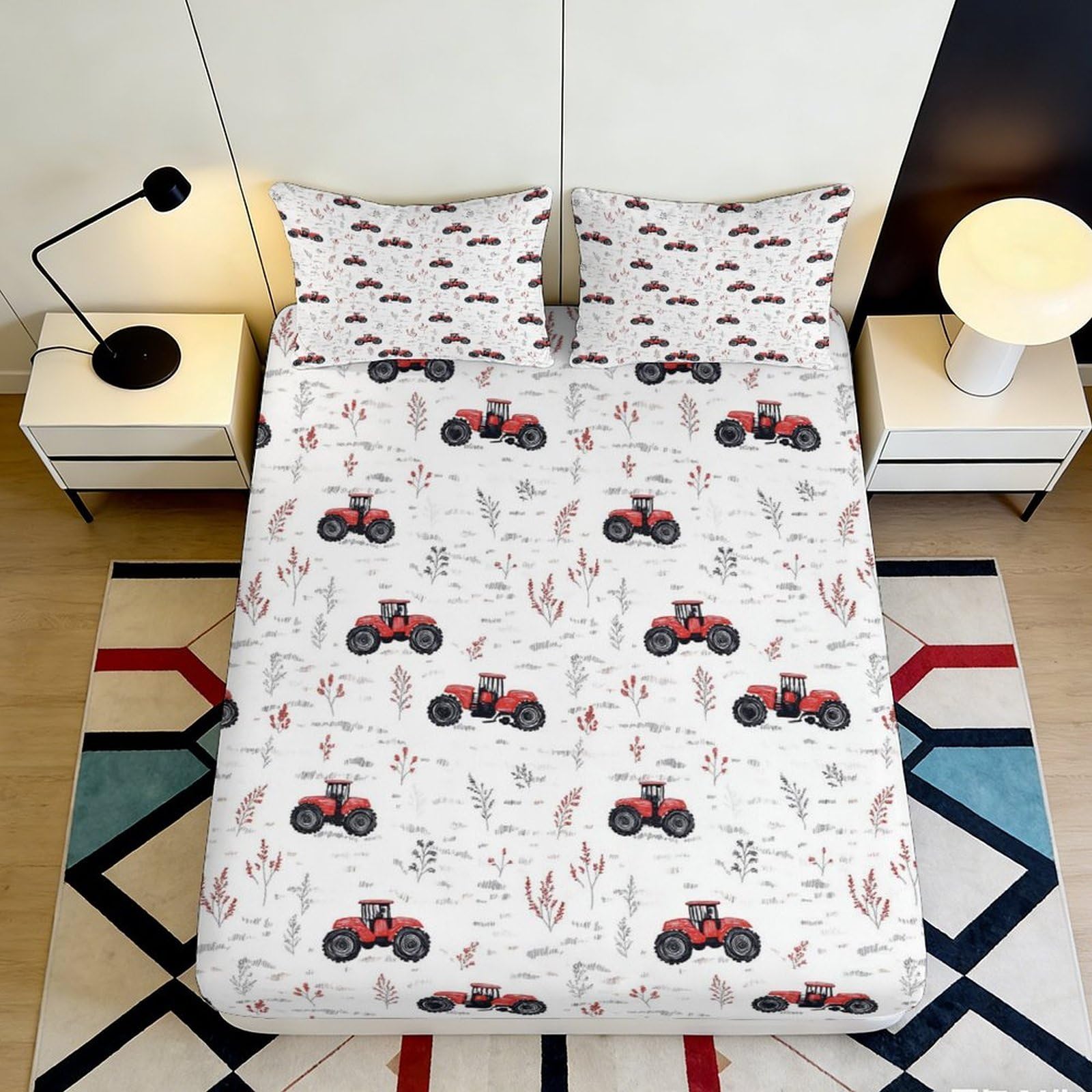 Jqzkxnhpbr Style-1 3D Printed Red Tractor Fitted Sheet Microfiber Breathable Farm Pattern Bed Cover For Bedroom Dorm Mattress Decor 90X200x25cm