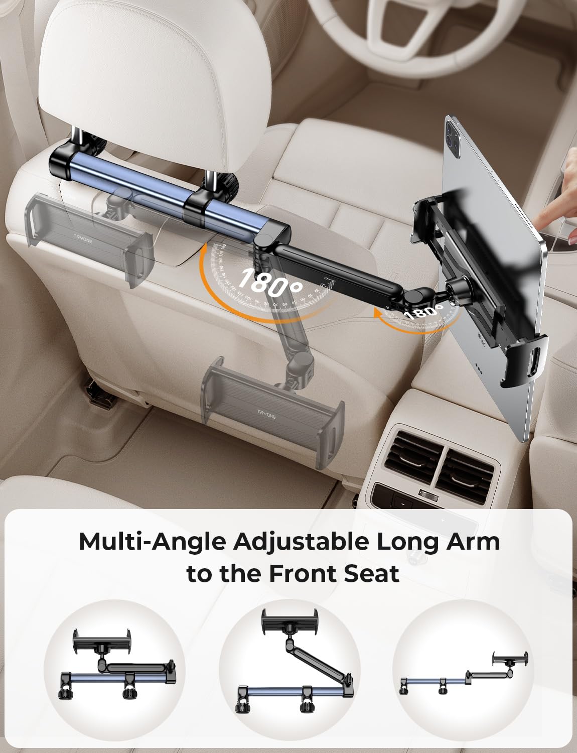 TRYONE Support Tablette Voiture appuie-tête – Bras Long 46 cm, 3-en-1 pour iPad, Switch, Smartphones 4,7–16,1", idéal Enfant & Voyage | Bras ultra-long 46 cm à triple axe pour placer la tablette au centre du siège arrière.