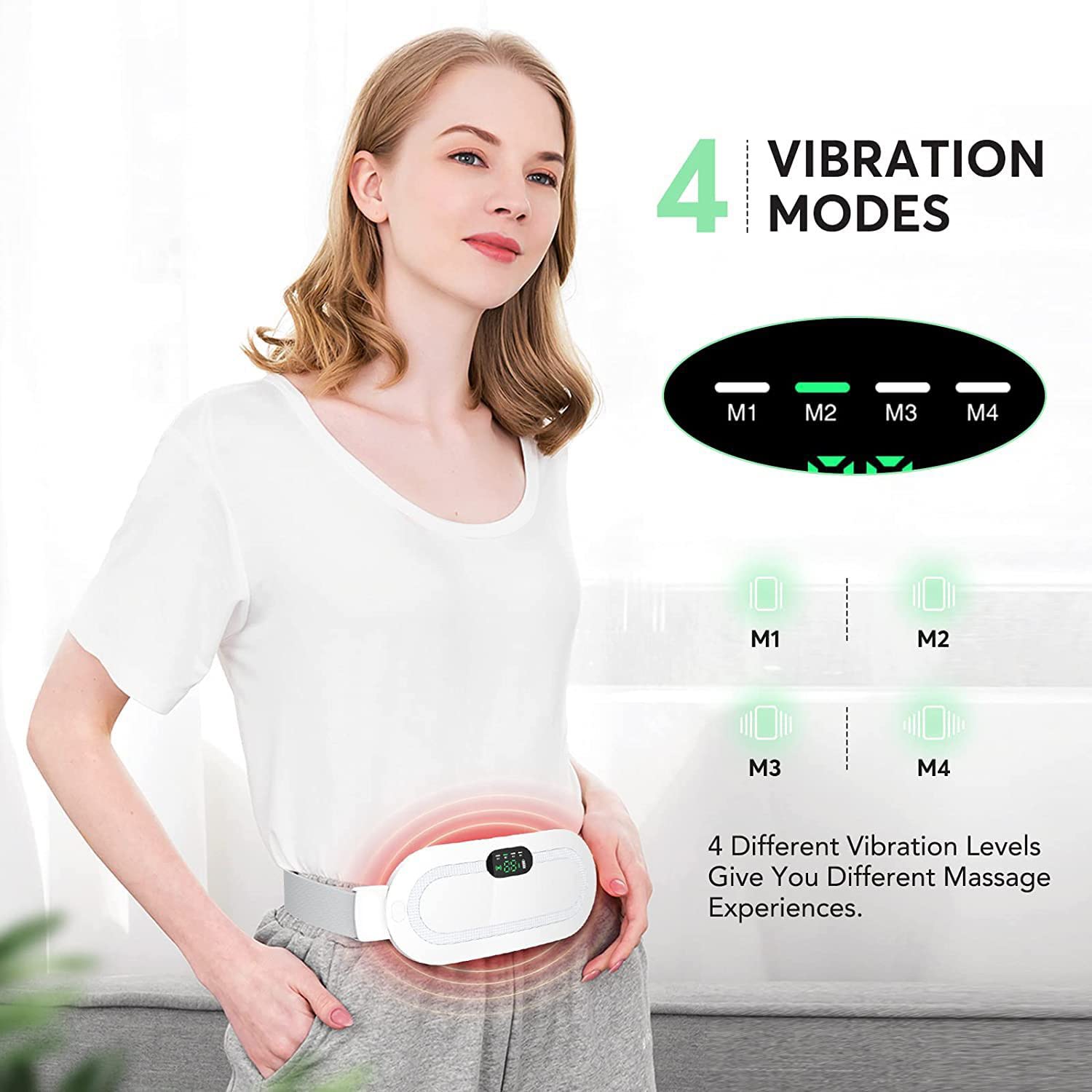 Almohadilla Térmica Menstrual con Batería de 2500mAh, 3 Modos de Temperatura y 4 Modos de Masaje, Cinturón de Calentamiento Recargable por USB, Alivia el Dolor de Espalda y el Dolor Menstrual | Recargable por USB, alivia dolores de espalda, piernas y cala