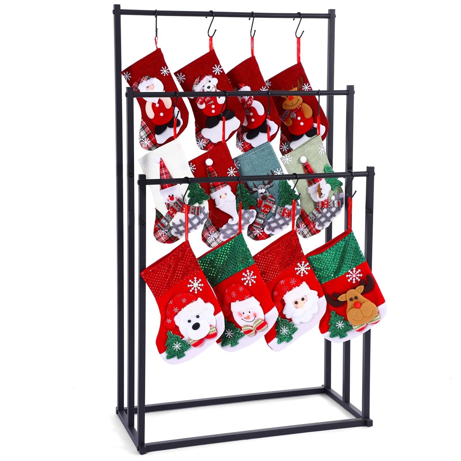 3 Tier Christmas Stocking Holder Stand for Floor, 20 Hook Stocking Hanger Rack, Black Holiday Display Decoration Holder, Heavy Duty Metal Tubes with Removable Adjustable Hook