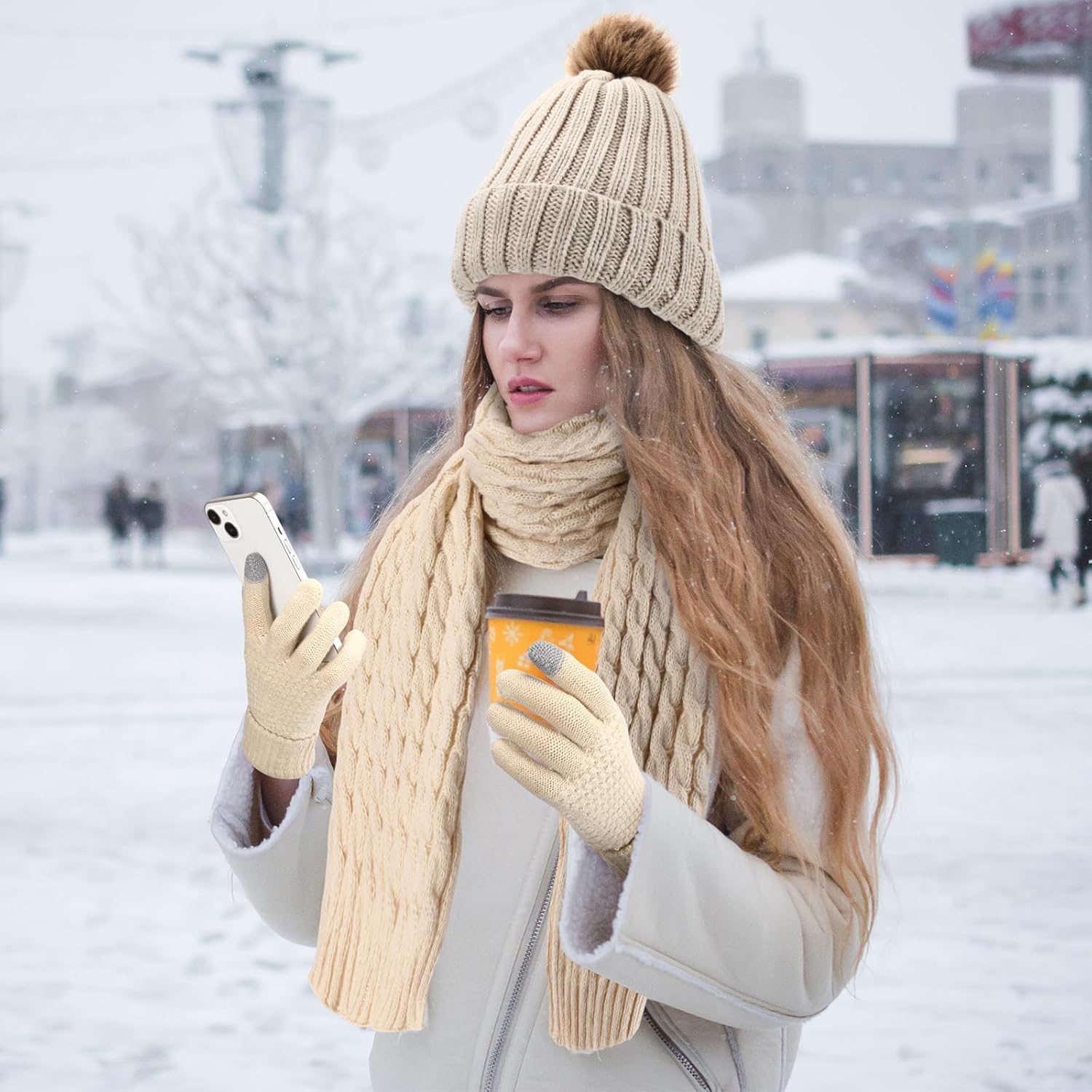Suhine 8 Pcs Women Hat Scarf Gloves and Earmuff Set Winter Knit Beanie Pompom Hat Warm Touch Screen Gloves for Men Adult