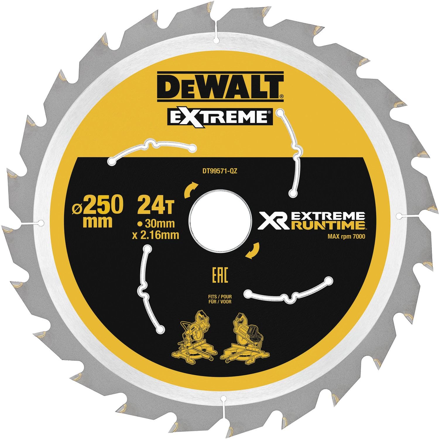 DeWalt, DT99571, QZ, Hojas para Sierra Circular Estacionaria XR EXTREME RUNTIME 250mm x 30mm 24D