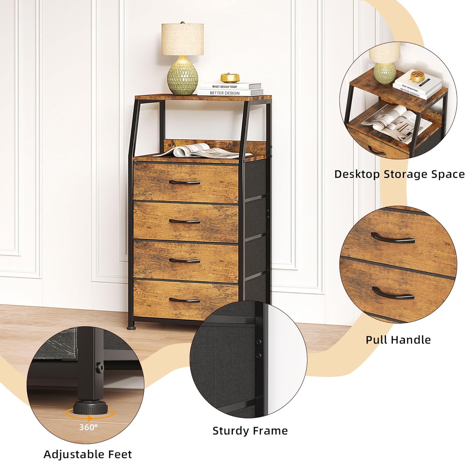 CAIYUN Comodino, tavolino, comodino con 4 cassetti, comodino, cassettiera per camera da letto, armadio, armadietto, facile da montare, stabile