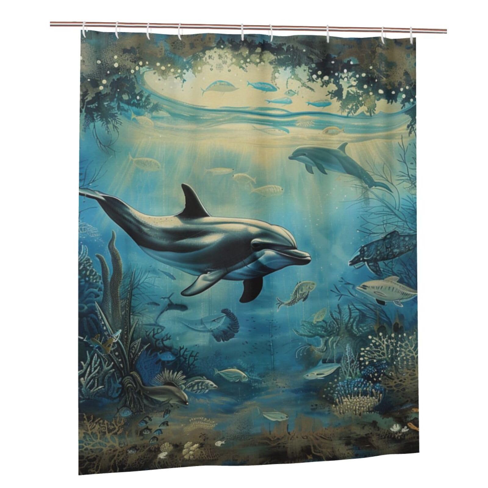 BWWHCCTI Sea Dolphin Printed Shower Curtain With 12 Plastic Hooks Opaque Quick Drying Waterproof Shower Curtains Sets For Bathroom 152x183 Cm