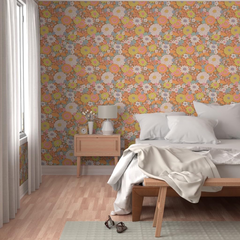 Spoonflower Peel & Stick Wallpaper Swatch - Vintage Kitchen Home Decor 70S Flower Power Retro Flowers Custom Removable Wallpaper