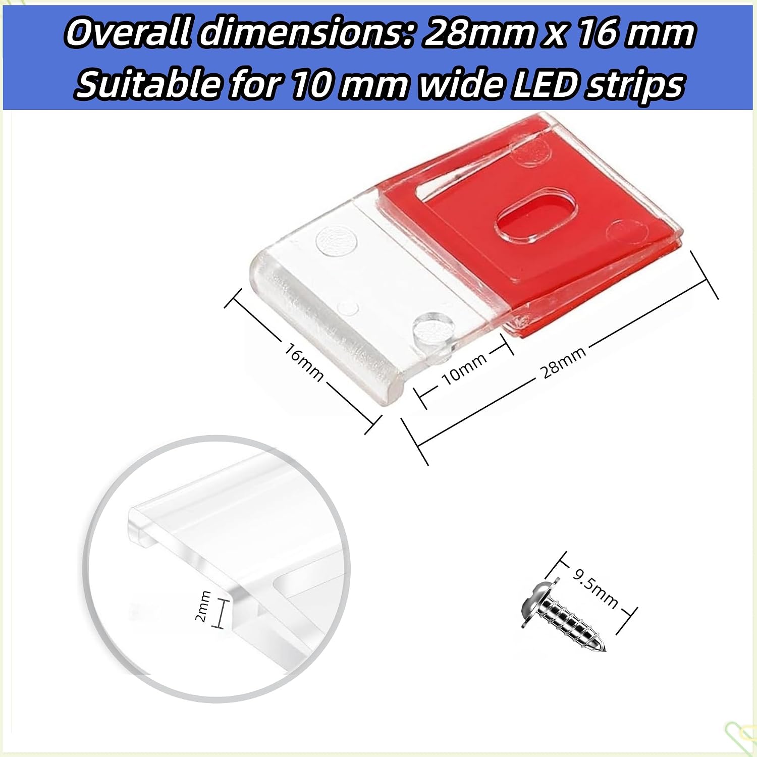50Pcs LED Strong Fixing Clips and Screws Transparent Strip Light Clips,Self Adhesive with Screws Mounting Holder for 10mm Width SMD COB Strip Lights Fairy Lights String Light Wire Cable image 2