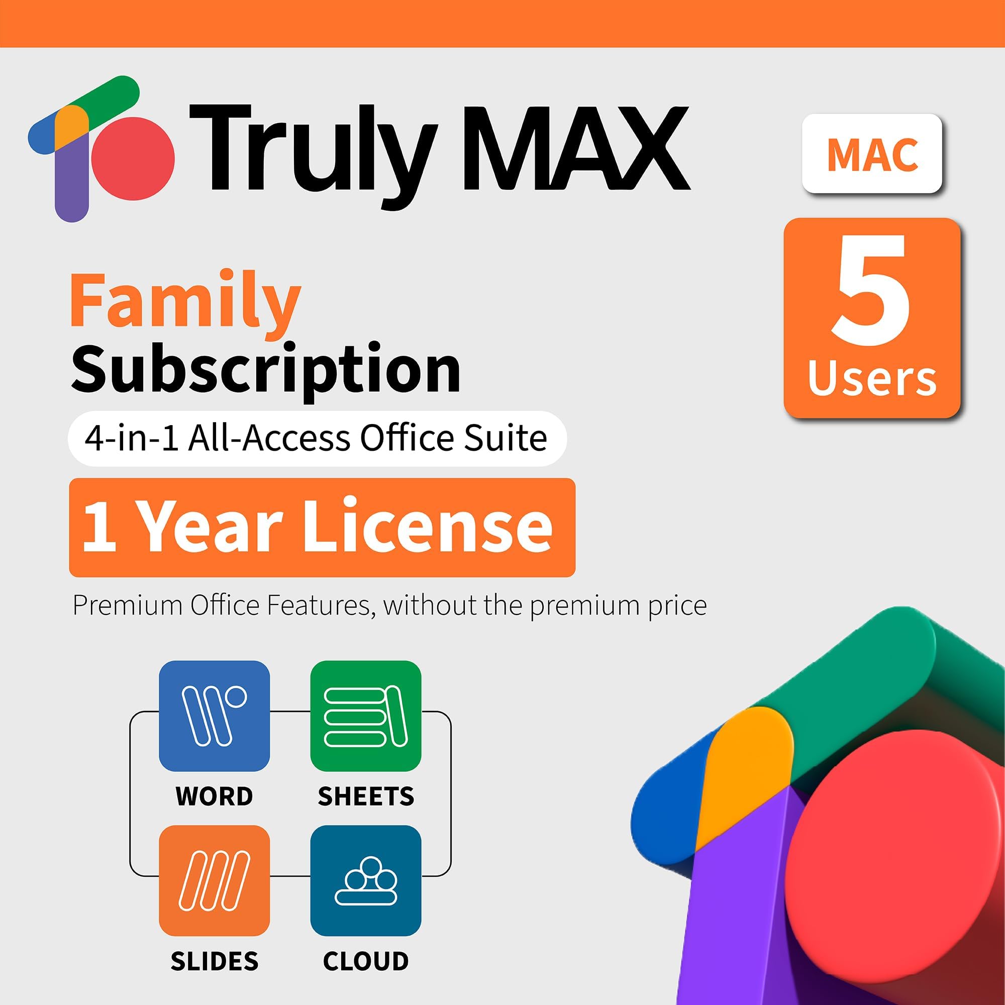 TrulyOffice Truly Max Family License for Mac | 1-year Subscription | 4 in 1 All Access Office Suite | Words, Sheets, Slides, and Cloud | 5 Users