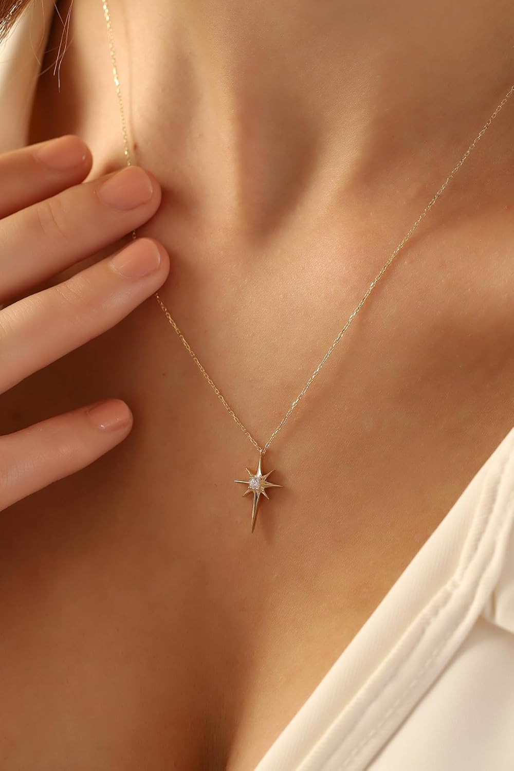 14K Real Gold North Star Necklace, Dainty Custom North Star Pendant, Minimalist Gold Celestial Necklace, Valentines Day Gift
