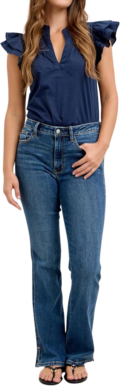 Judy Blue Mid Rise Bootcut Jeans with Side Slit and Cell Phone Pocket, Inseam 32" Blue.