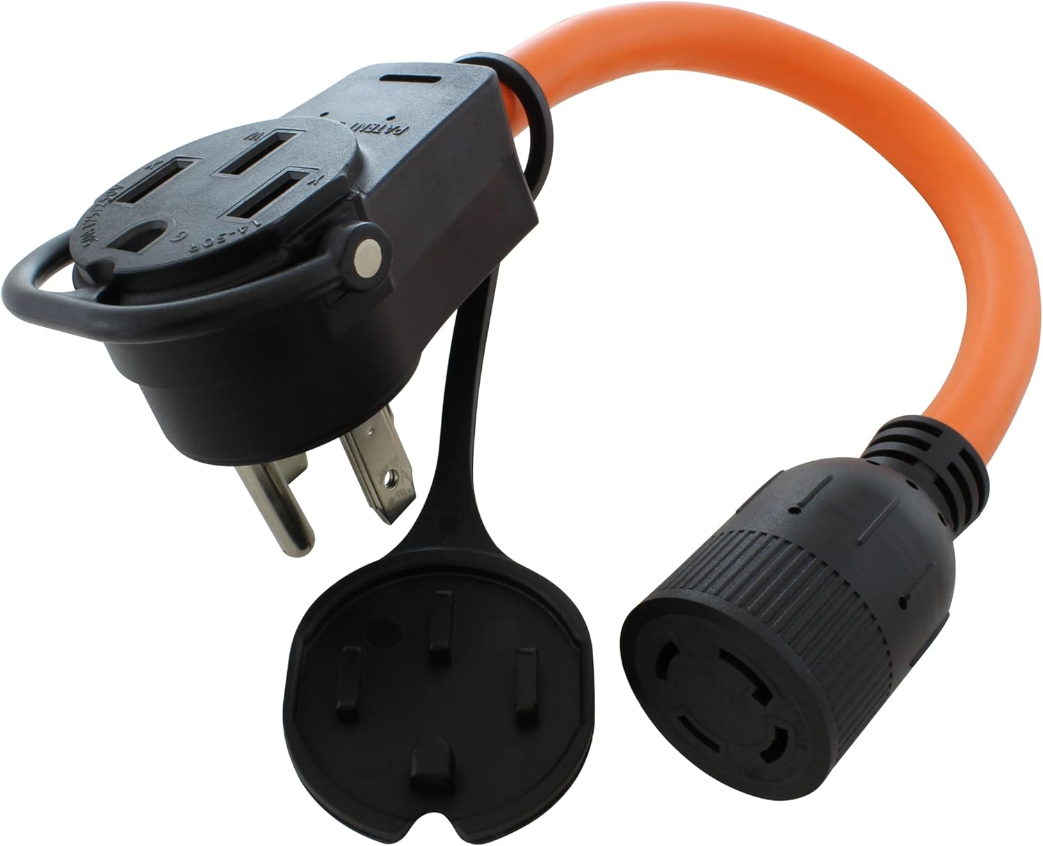 AC WORKS 50-Amp RV/Range/Generator 14-50 Piggy-Back Plug Adapter (to 4-Prong 30A Locking)