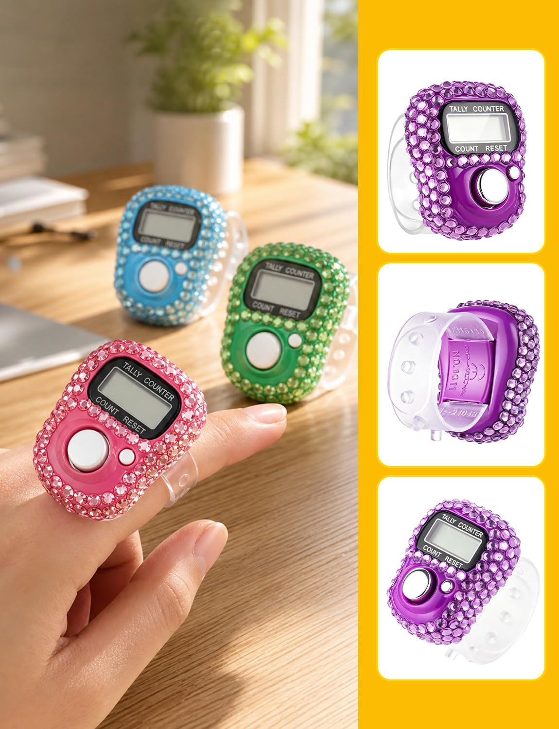 Electronic Finger Counter, Electronic Digital Display, Rhinestones Hand Tally Clicker Counter, Digital Handheld Tally Counter for Golf, Goods Counting, Lap, Knitting