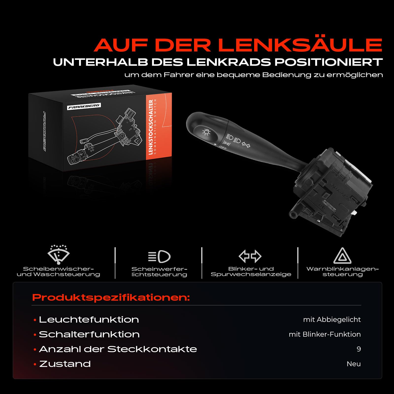 Frankberg Lenkstockschalter 9-Polig &-Lichtumschalt-Funktion &-Blinker-Funktion Fahrerseitig Kompatibel mit Getz TB 2002-2009 Picanto BA 2005-2011 Picanto SA 2004-2011