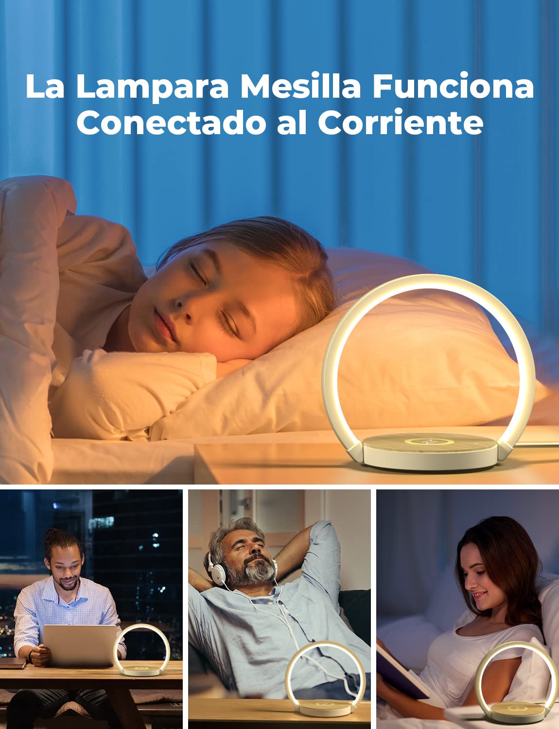 Lámpara de Mesita de Noche Tactil, Regulable en 3 Niveles, Lamparas de Mesita de Noche con Cargador Inalámbrico, Luz Nocturna LED, Para Dormitorio, Escritorio o Regalo