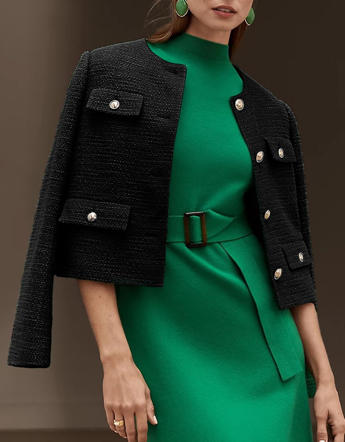 YEXPINE Cropped Tweed Blazer Jackets for Women Elegant Slim Collarless Business Casual Outfits - Image 3